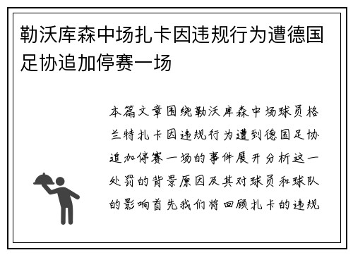 勒沃库森中场扎卡因违规行为遭德国足协追加停赛一场